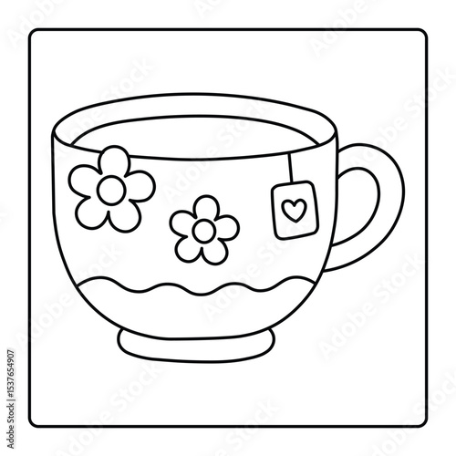 Tea Time Coloring Page – Cute Flower Tea Cup with Heart Tag for Kids