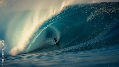 Surfer Riding a Massive Barrel Wave at Sunset