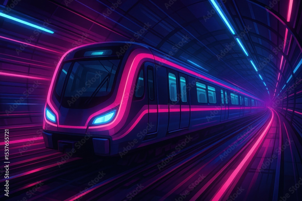 Fototapeta premium High-speed subway train with neon lighting racing through underground tunnels in modern urban transportation system