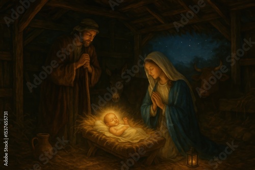 Holy nativity scene with Mary, Joseph, and baby Jesus in stable setting celebrating Christmas religious tradition