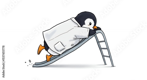 Penguin scientist sliding down slide illustration