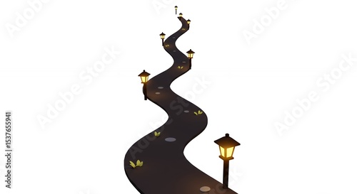 Winding road with lampposts at night