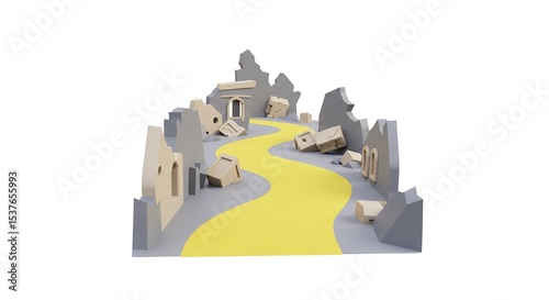 Yellow winding path through gray ruins