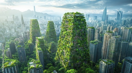 envisioning a harmonious fusion of urbanity and nature architecture adorned with verdant life in a cityscape symbolizing sustainable development and ecological balance