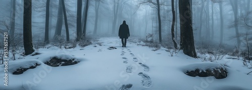 A figure walks alone on a snowy trail in a quiet forest. Tall trees loom in the fog, creating an atmospheric winter landscape that evokes solitude and peace
