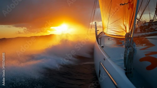 Sailboat racing through ocean waves at high speed during a stunning sunset, with golden sunlight illuminating the sail and water spray, capturing adventure, freedom, and beauty of nautical exploration