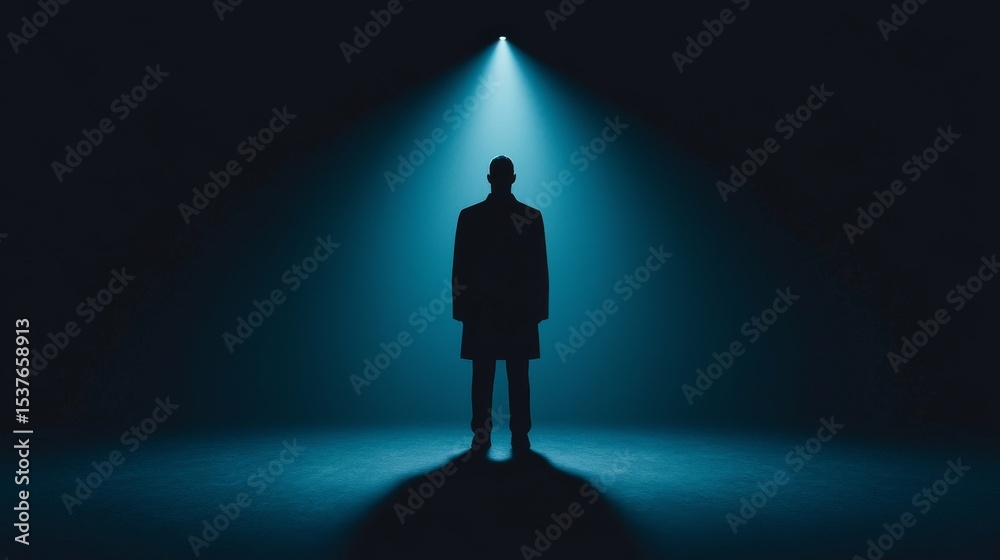 Obraz premium A silhouetted figure stands illuminated by a bright blue spotlight in a dark room.