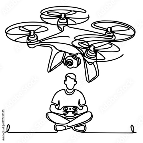 Drone Pilot in Action, A man holds a remote, operating a flying drone