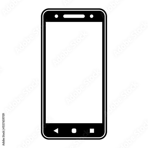 Minimalist black and white icon of a smartphone with rounded corners, front camera, and navigation buttons, isolated on white background.