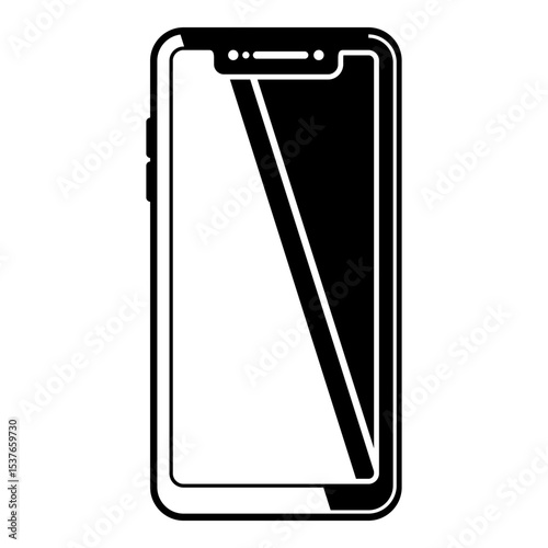 Stylized smartphone icon with top notch and a diagonal reflective screen effect, rendered in bold black and white with rounded corners and side buttons.