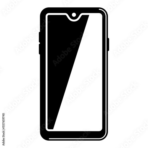 Black and white smartphone icon with a curved notch, front camera, and bold diagonal reflection on the screen, ideal for mobile tech visuals.