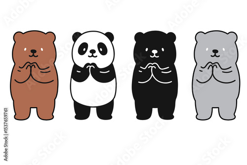 Cute Bear Clipart Set with Panda and Grizzly in Hand Gesture – Kawaii Animal Illustration