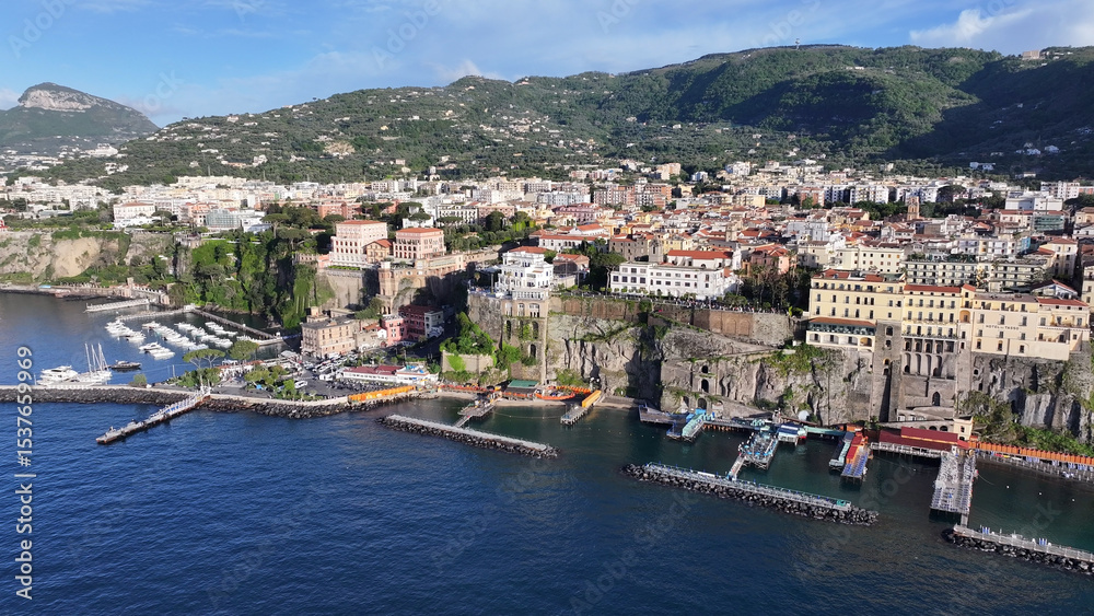 Naklejka premium Sorrento Skyline At Naples In Campania Italy. Beach Landscape. Tourism Landmark. Sorrento Skyline At Naples In Campania Italy. Historical Cityscape. Gulf Of Salerno Skyline. Mediterranean Sea.
