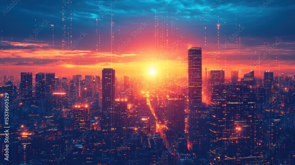 Fototapeta premium urban landscape bathed in ethereal light featuring modern buildings and technological enhancements showcasing a digital augmented reality over a vibrant sunset backdrop