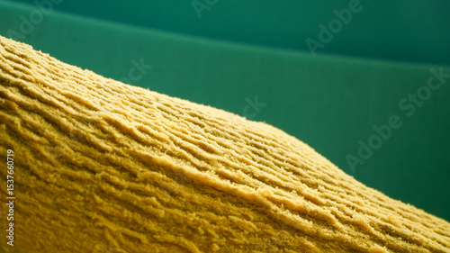 Textured Yellow Sponge Against Green Backdrop, Macro Shot