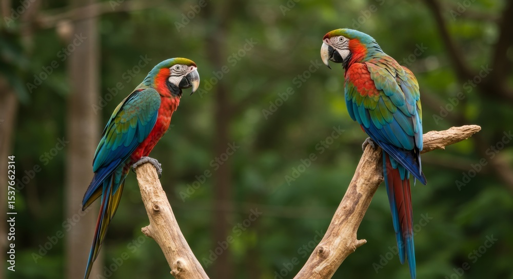 Obraz premium Two stunning macaws perched on a branch create a vibrant tropical wildlife scene