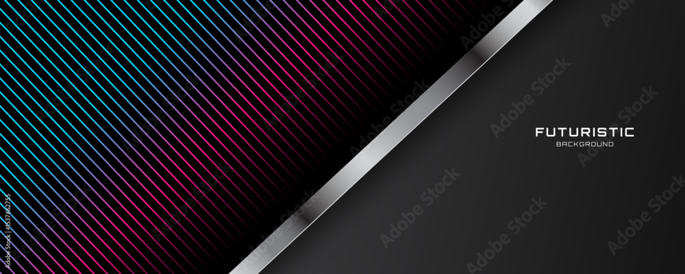 Fototapeta premium 3D black techno abstract background overlap layer on dark space with colorful lines effect decoration. Graphic design element cutout style concept for web banner, flyer, card, or brochure cover