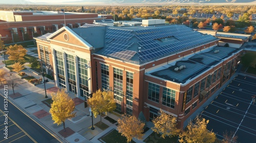 Solar panels installed on a government building roof providing energy for public services.