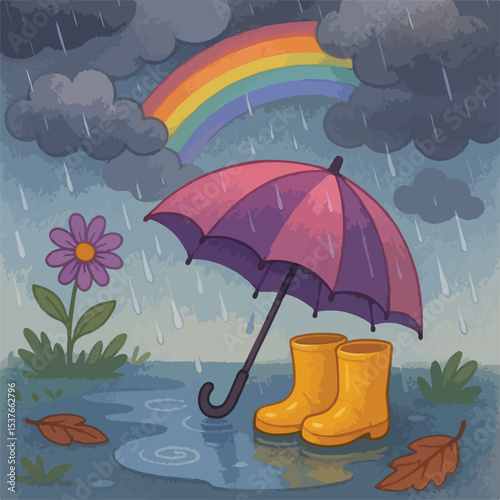 Rainy Day Delight Clouds, Rainbow, and a Cozy Umbrella Scene