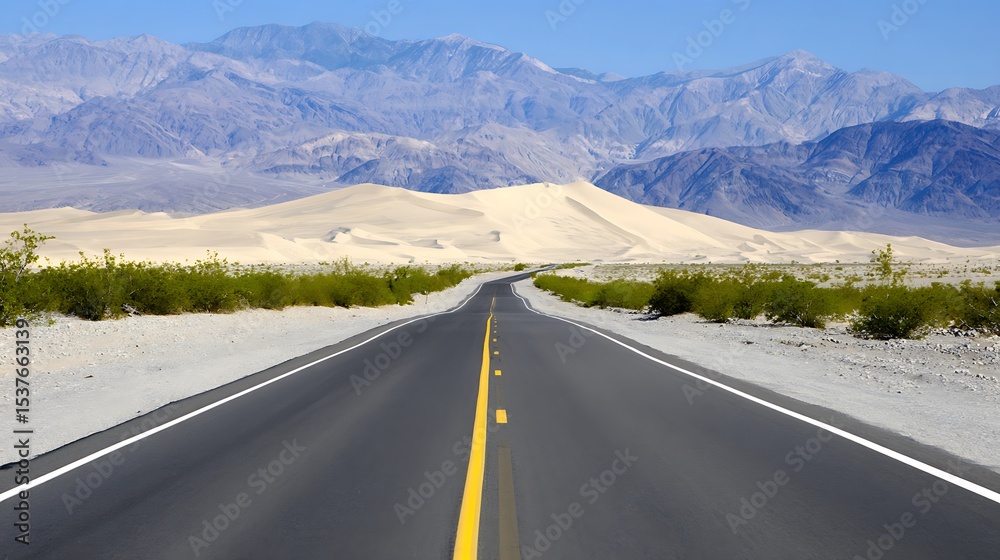 Naklejka premium Desert highway stretches into a vast mountain range.