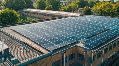 Solar panels installed on a school roof generating renewable energy for classrooms. 