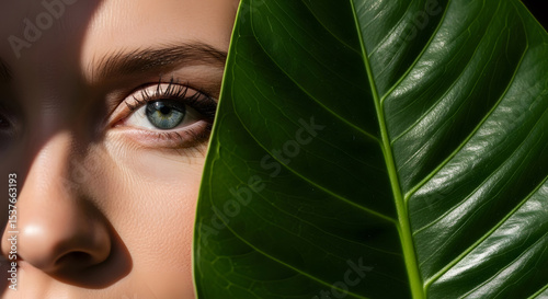 Mysterious Woman Behind Lush Green Leaf – Hidden Beauty Concept.
