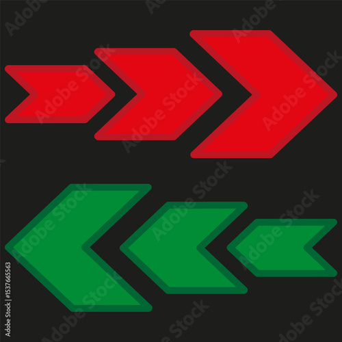 Colored arrow symbols. Red green chevrons. Vector direction indicators. Dual navigation design.