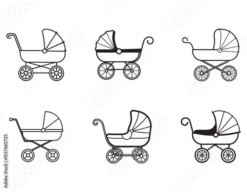 set of Baby carriage, vector, black line drawing, minimalistic, single line, simple line, isolated, transparent background