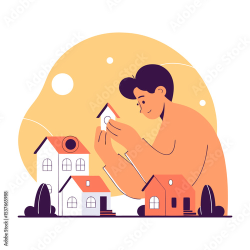 Person Holding a Small House, Surrounded by Homes