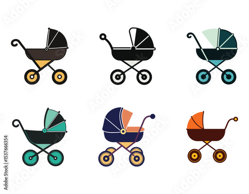 set of baby carriage baby stroller generic silhouette vector illustration