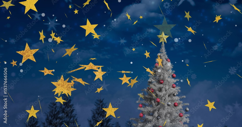 Fototapeta premium Glowing frosted fir tree with green star topper and golden stars outdoors at night, copy space