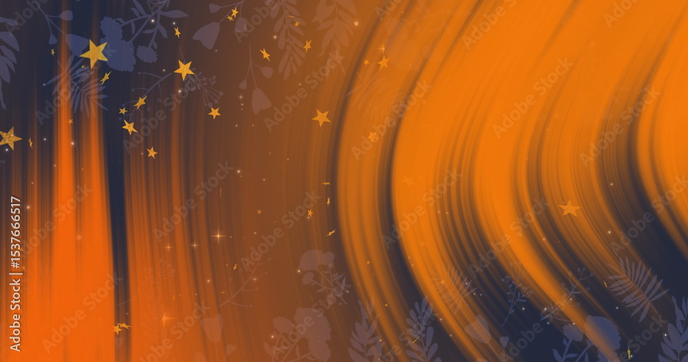 Fototapeta premium Displaying swirling orange and navy brushstrokes across canvas, with golden stars and leaf shapes