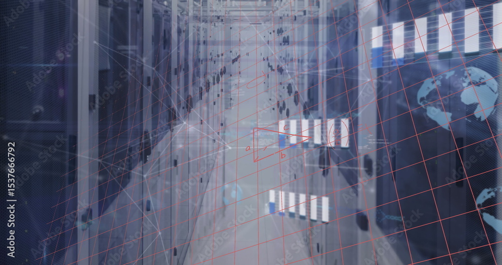 Obraz premium Walking IT technicians inspecting server racks in high-tech corridor, with digital network overlays