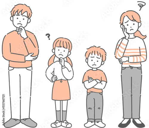 父と母・子どもの2世代家族が困った表情をしているイラストセット	
