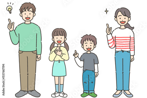 両親・子どもの2世代家族がハンドサインをしているイラストセット	
