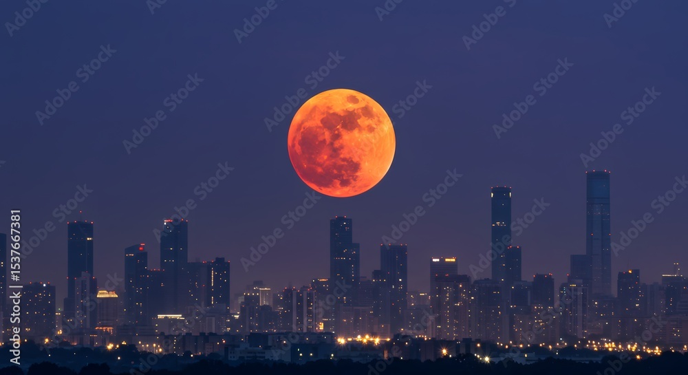 Fototapeta premium Urban skyline with total lunar eclipse above city lights