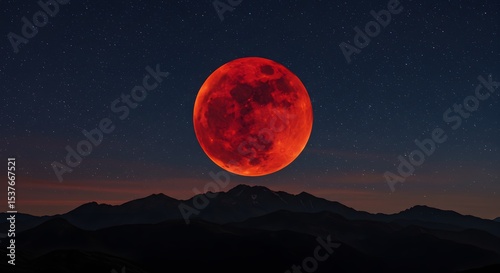 Silhouetted mountain range under total lunar eclipse sky
