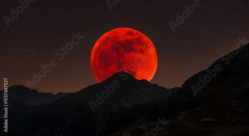 Silhouetted mountain range under total lunar eclipse sky
