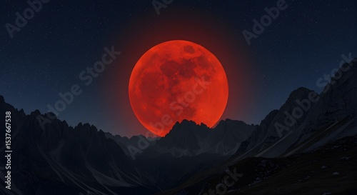 Silhouetted mountain range under total lunar eclipse sky
