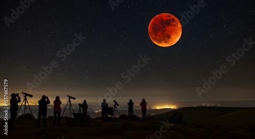 Wide angle view of eclipse watchers on hilltop with star trails
