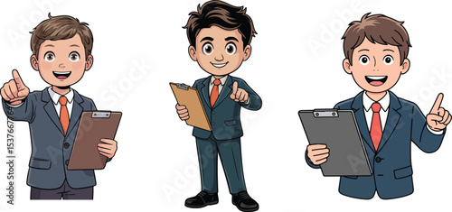 Three cartoon men in suits holding clipboards and pointing upwards on a white background image view