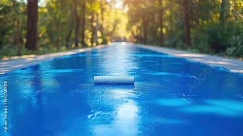 Freshly Painted Blue Pathway Through Sunny Woods