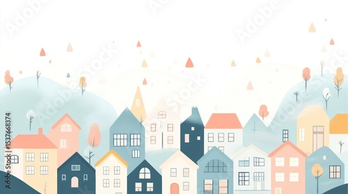 Enchanting Village Illustration with Pastel Hues and Whimsical Design