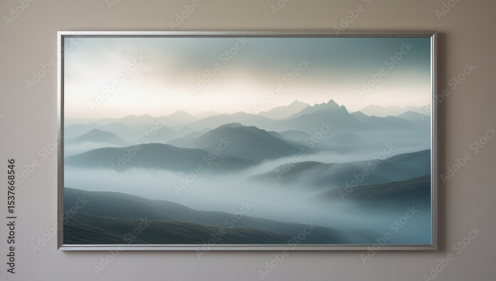 Naklejka premium Serene misty mountain landscape in a white frame