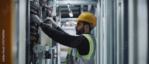 A detailed shot of an electrician installing electrical panels in a commercial skyscraper, Skyscraper electrical installation scene, Electrical system integration style