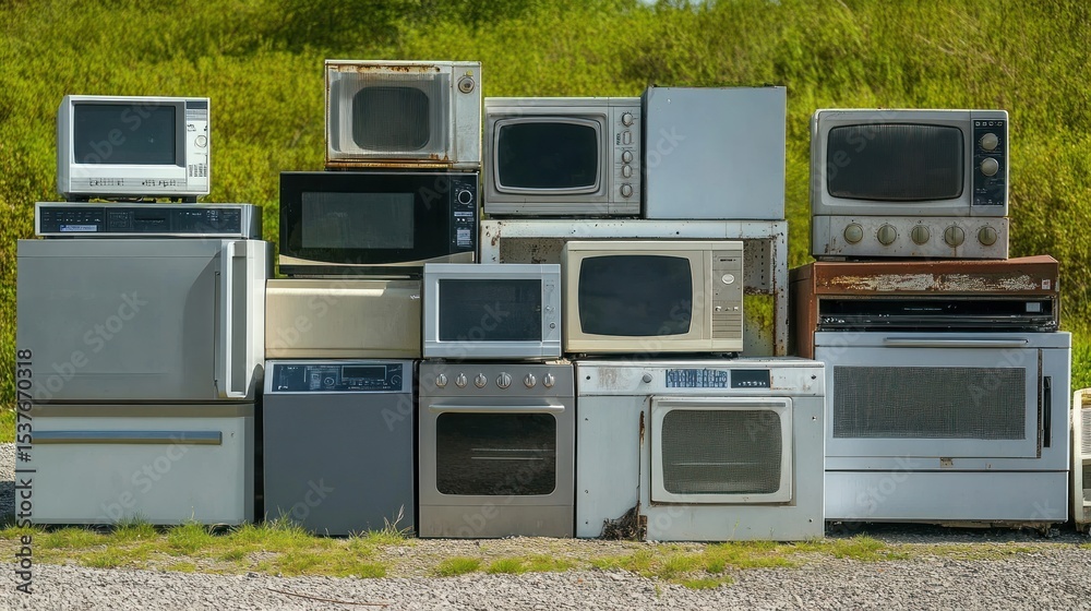 Obraz premium Outdated appliances stacked outdoors