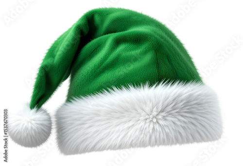 Green Santa Hat with White Fur Trim PNG. Realistic Christmas Hat Isolated on Transparent Background. Festive Holiday Clipart for Digital Design and Decoration.