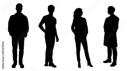 Four silhouetted figures standing in a row against a plain white background space