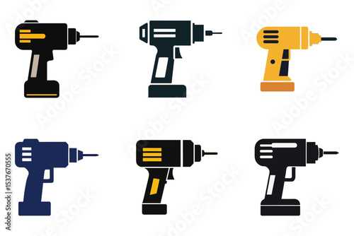 Drill icons set in flat design. Vector illustration of cordless drill icon. Concept of construction, diy, repair, and carpentry work