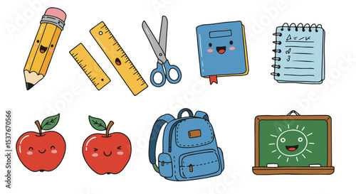 Cute Back to School Supplies Illustration featuring Apples Pencil Backpack Ruler Notebook and Scissors